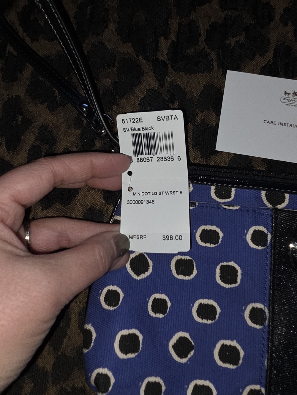Coach Blue Polka Dot Wristlet with Black Leather Trim - Coach NWT - Picture 5 of 5